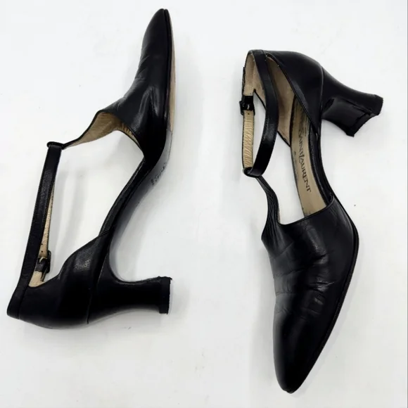 YVES SAINT LAURENT VINTAGE LEATHER T-STRAP ALMOND TOE MARY JANE SHOES BLACK 7.5